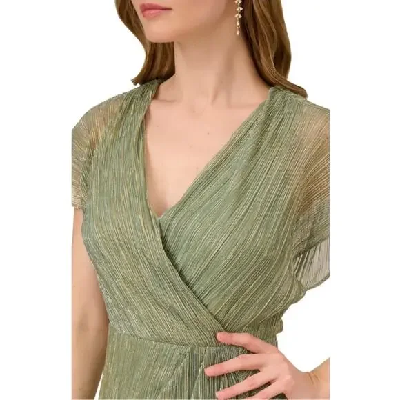 knee length dresses for ladies Metallic Crinkled Mesh Draped Long Gown In Green Slate-Green Slate /  Regular / 0 main image 1